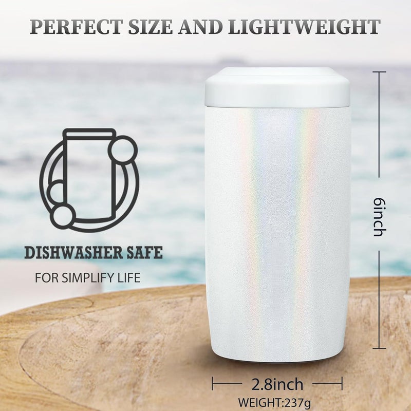 Max&So Slim Can Cooler, 4-in-1 Double Walled Stainless Steel Insulated Beer Can Holder, Works With All 12 Oz Cans,Bottles & As A Pint Cups - Glitter White - Image 5